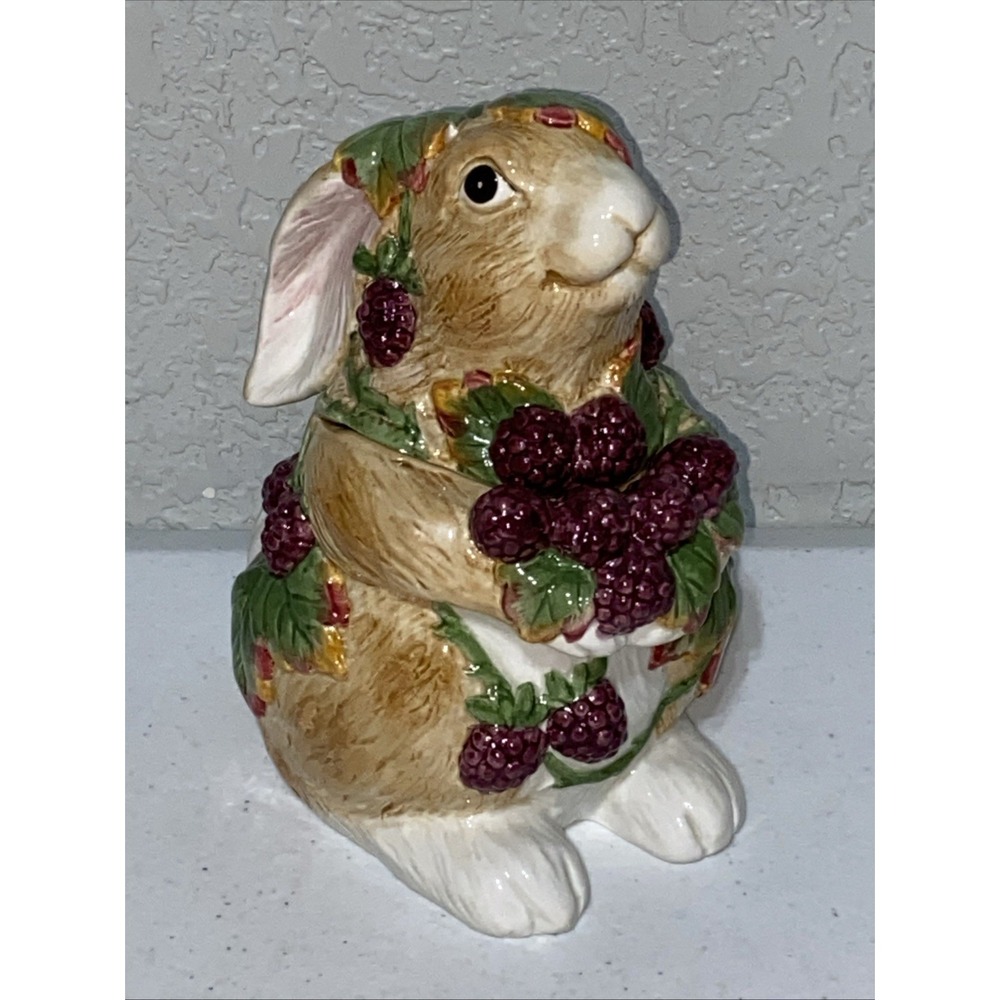 Fitz & Floyd Blackberry Rabbit Cookie Jar Lidded Treat Candy Dish Easter Retired